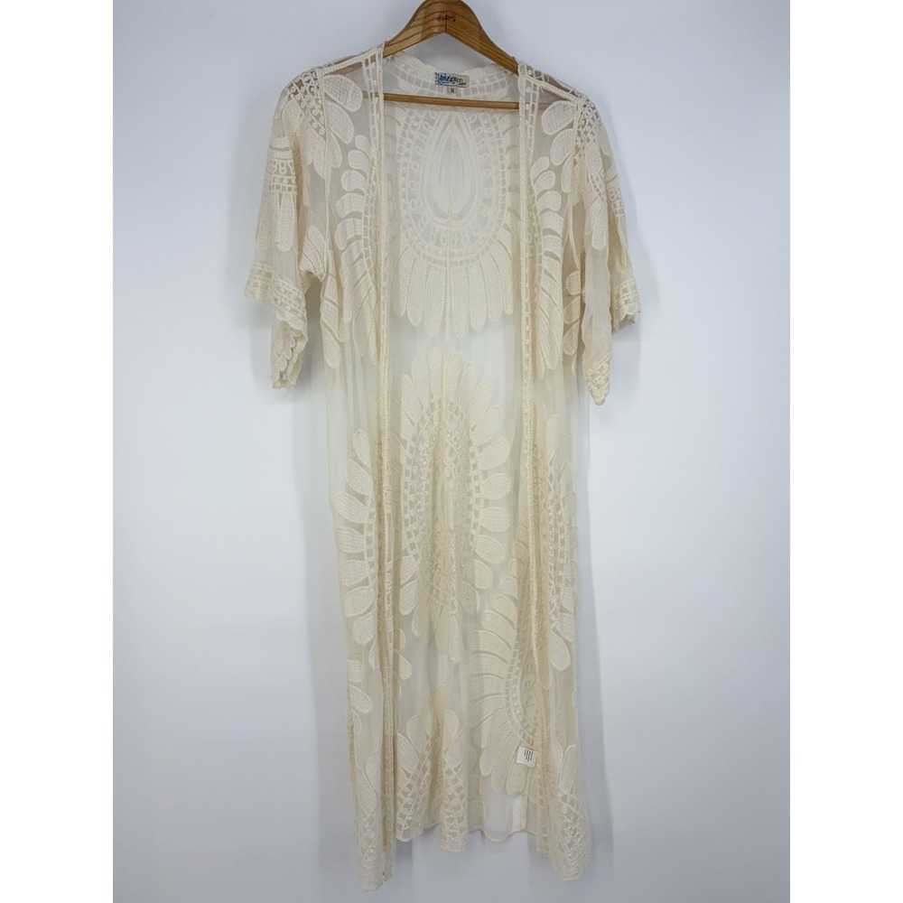 Rebellion Again Sheer Kimono Duster M Long Ivory Floral Crochet Beach Coverup